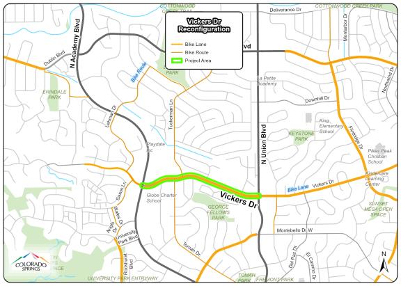 Map of the project area between N. Union Blvd. and N. Academy Blvd.