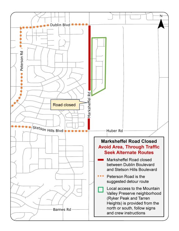 Detour map for the closure of Marksheffel Road between Stetson Hills and Dublin Blvd. Going north on Marksheffel, the detour takes you west on Stetson Hills Blvd., north on Peterson Road, east on Dublin Blvd., and then north on Marksheffel Road again.