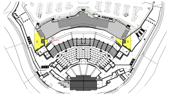 Locations of the sound mitigation tunnels at Ford Amphitheater. The tunnel areas are highlighted in yellow on either side of the Amphitheater's stage.