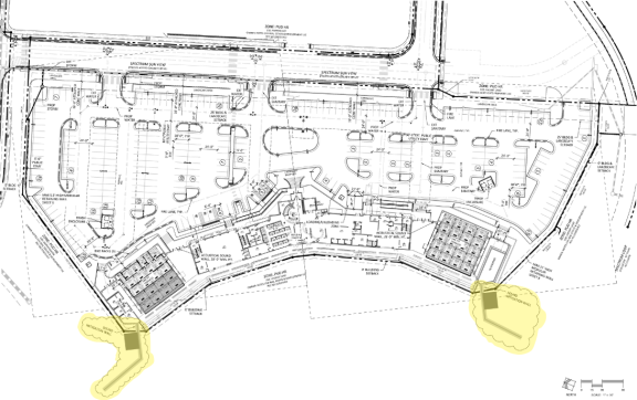 A diagram/map of the Ford Amphitheater detailing the areas where the sound walls will be installed. One sound mitigation wall will be located at the southwest corner of the amphitheater and another wall is at the southeast corner of the amphitheater.