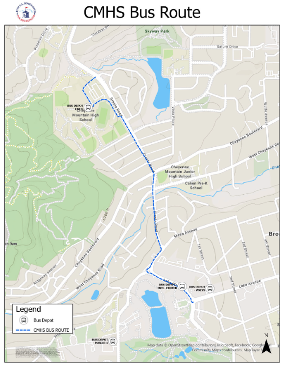 A map of the bus route from Cheyenne Mountain High School to the Broadmoor for the U.S. Senior Open.