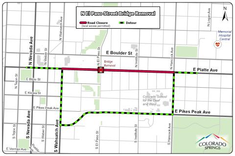 Map that details the N. El Paso St. Bridge removal project's detour routes, which run from S. Wahsatch Ave. to N. Hancock Ave. 