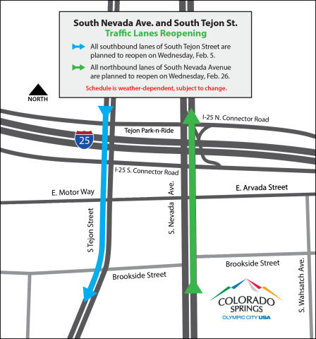 Map of South Nevada Ave. and South Tejon St. showing the different traffic lanes that will reopen on Feb. 5 and Feb. 26.