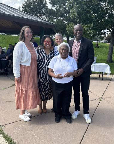 In order from left to right: Kelly Bull of Hey Neighbor, Kimberly Gold, Nancy Henjum, June Waller and Mayor Yemi Mobolade