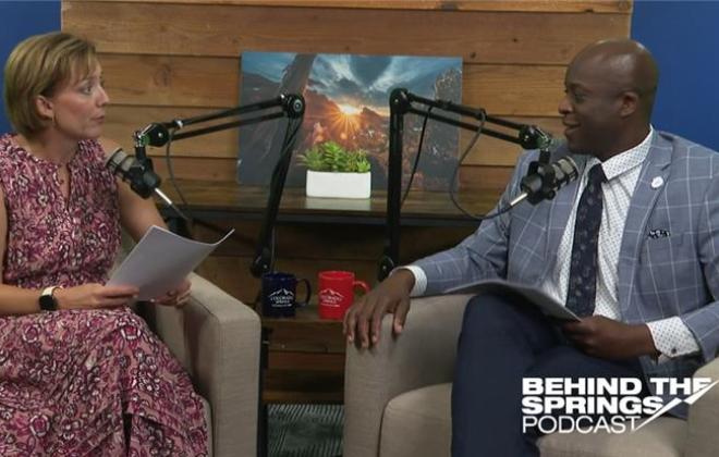 Jen Schreuder (left) talks with Mayor Yemi (right) on the Behind the Springs podcast.